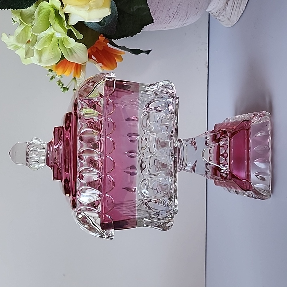 Compote with Lid Cranberry Flash Footed. Candy Dish or multi- use.